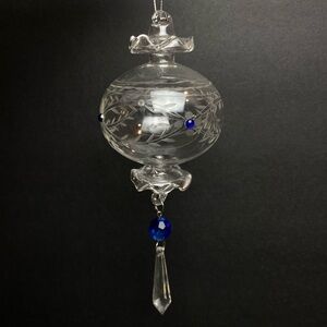 Elegant Hand-Blown Clear Etched Glass Ornament Etched Vine Pattern Blue Beads